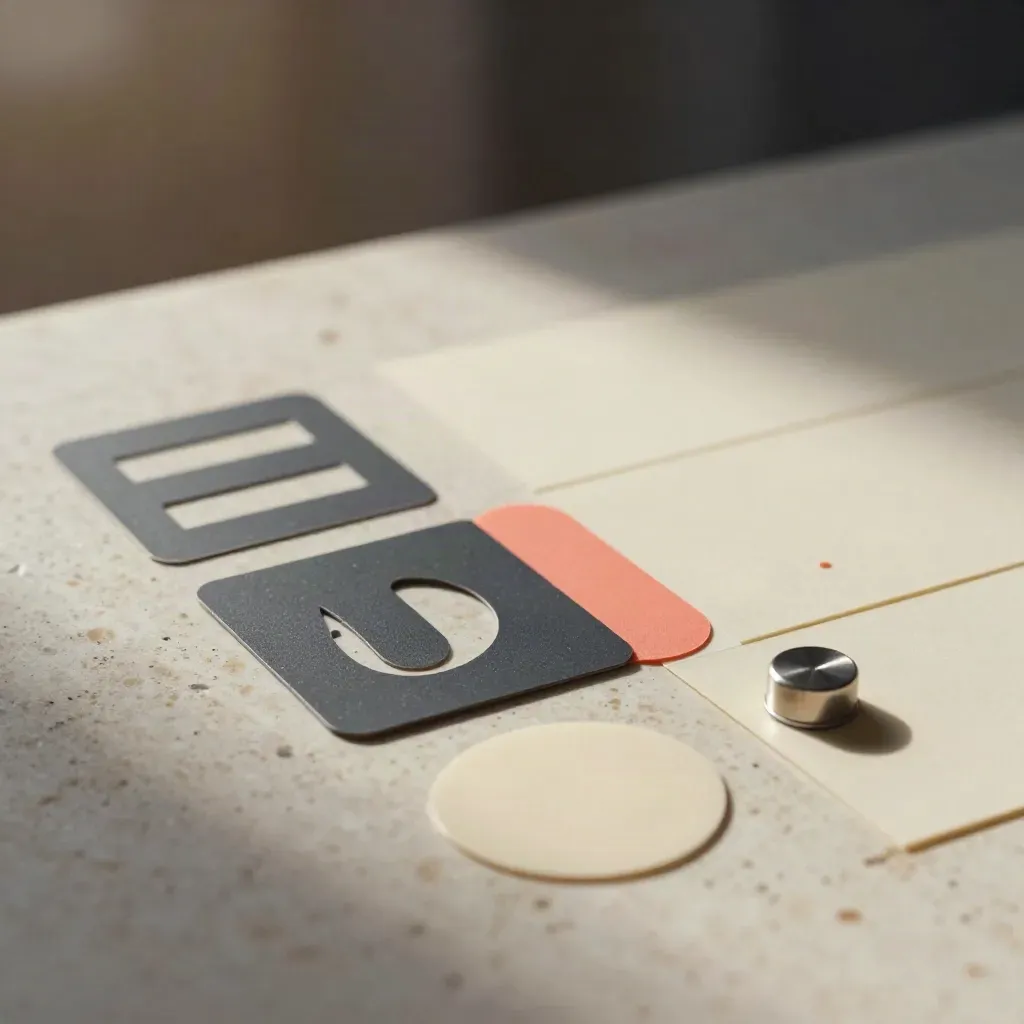 Formas de vinilo de un logotipo alineándose sobre piedra travertino con brillo adhesivo.