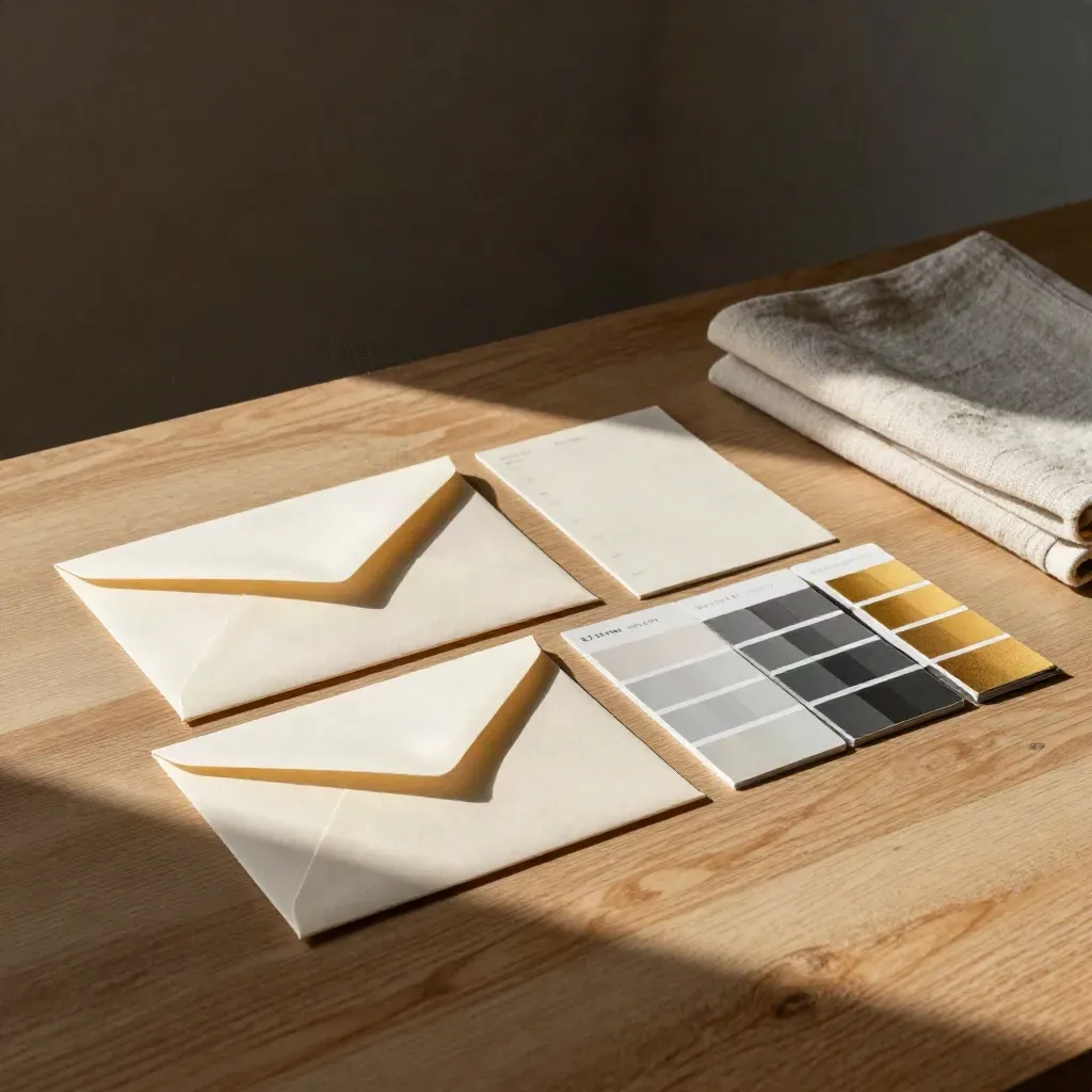 Muestras de identidad visual con tarjetas tipográficas y sobres crema sobre mesa de madera.