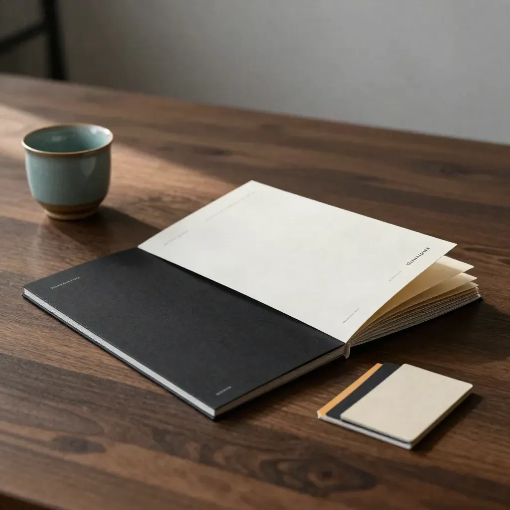 Paneles de una web en capas con folio negro, taza cerámica y muestras sobre superficie oscura.