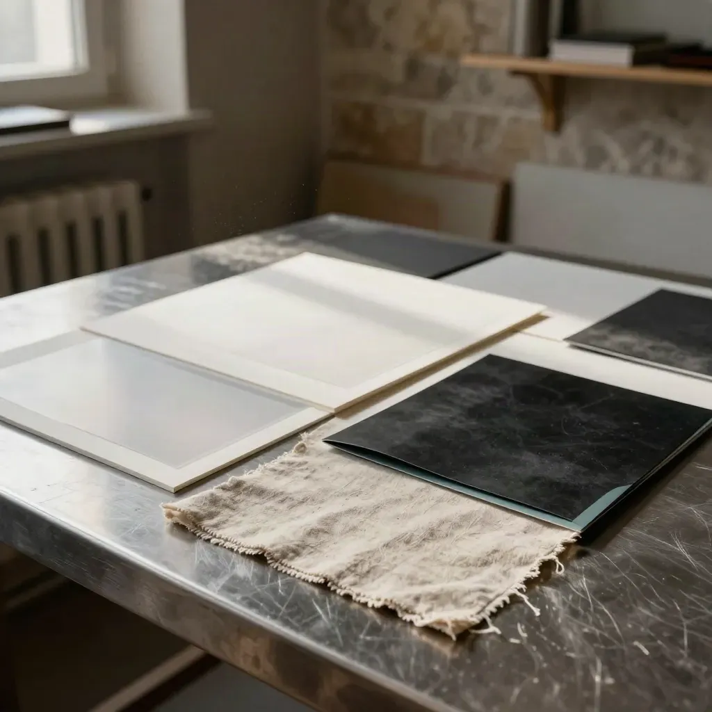 Moodboard de estrategia de marca con papeles, lino y tablero negro en mesa de acero.