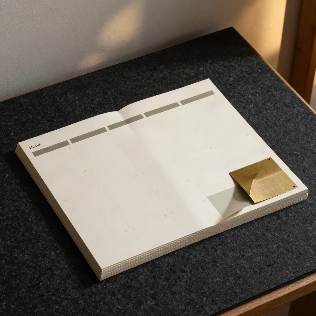 Plan mensual de contenidos sociales con tarjetas en abanico, muestras y tonos oliva y bronce.
