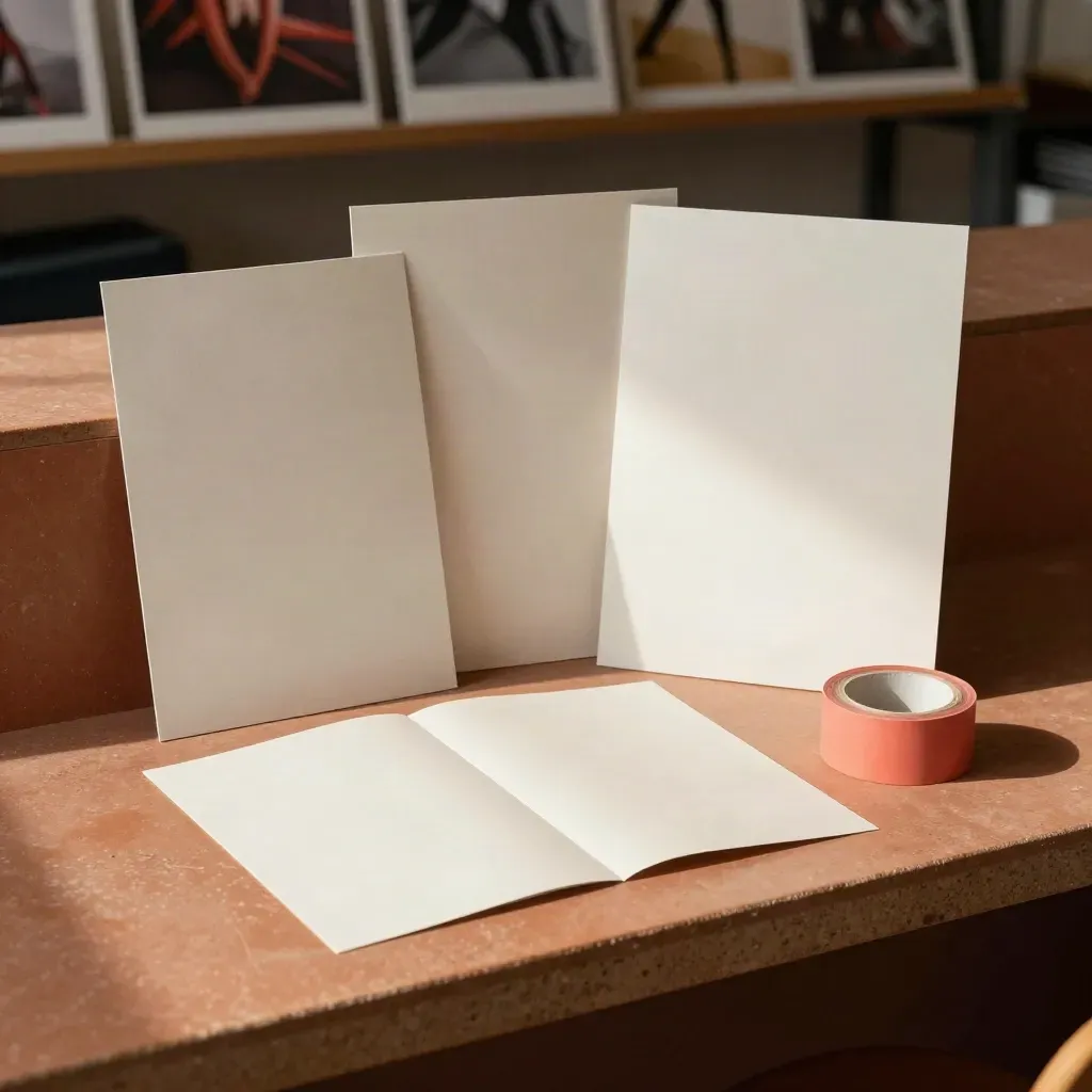 Carteles en blanco, maquetas plegadas y un rollo de cinta coral sobre un banco de trabajo.