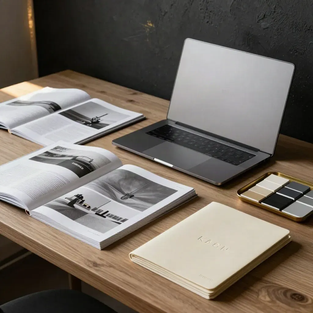 Mesa de estudio con portátil cerrado y papeles de marca ordenados, luz cálida editorial.