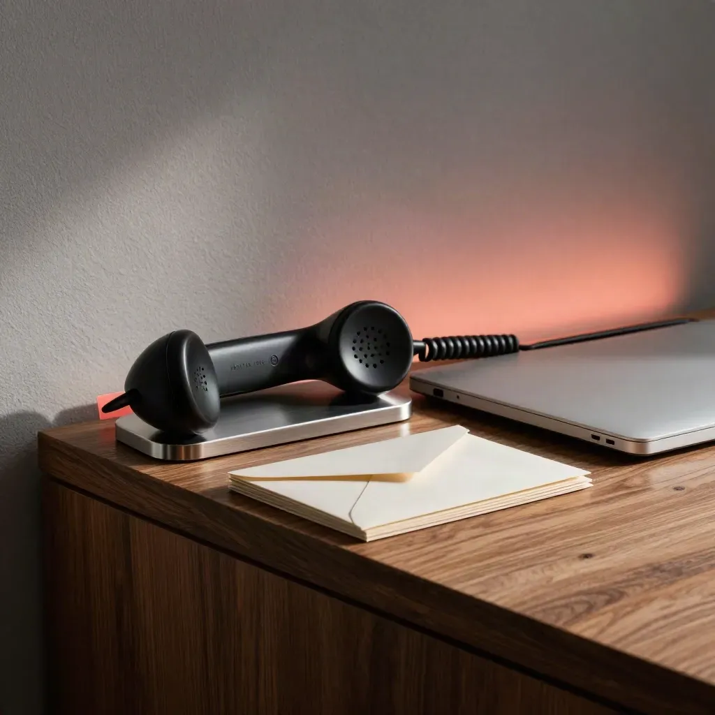Esquina de contacto con teléfono, sobres y tarjetas junto a un portátil cerrado, luz cinematográfica.