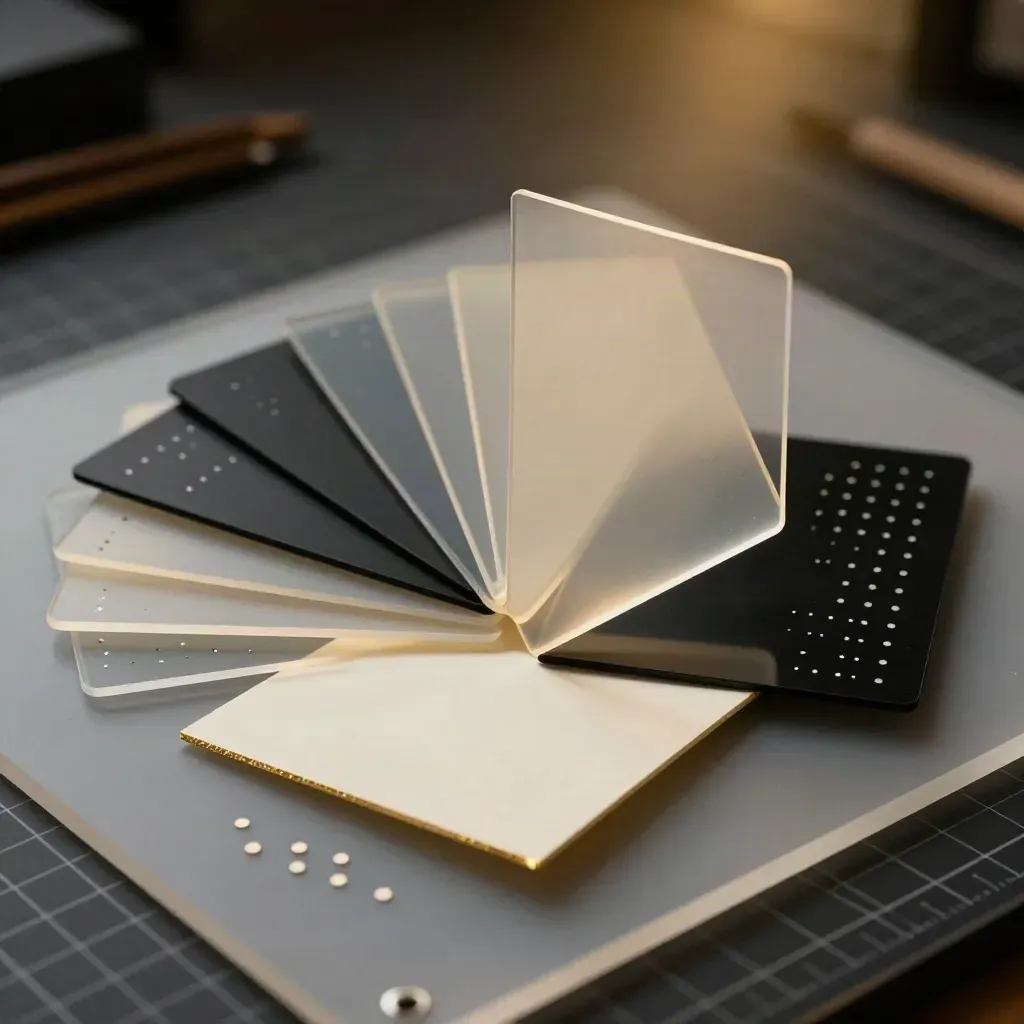 Materiales de diseño visual con acetatos, muestrario negro, adhesivos y tarjeta crema en luz dramática.