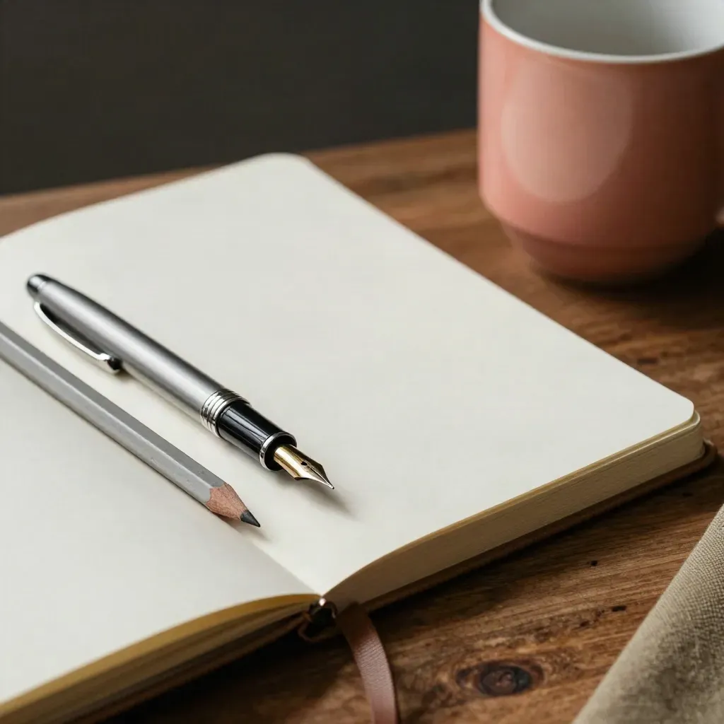Cuaderno abierto, pluma estilográfica, lápiz y taza cerámica sobre madera oscura.