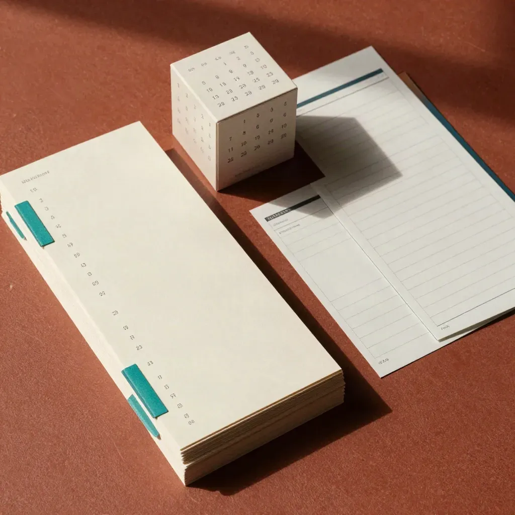 Kit editorial de gestora de contenido con tarjetas, pestañas y cubo calendario sobre terracota.