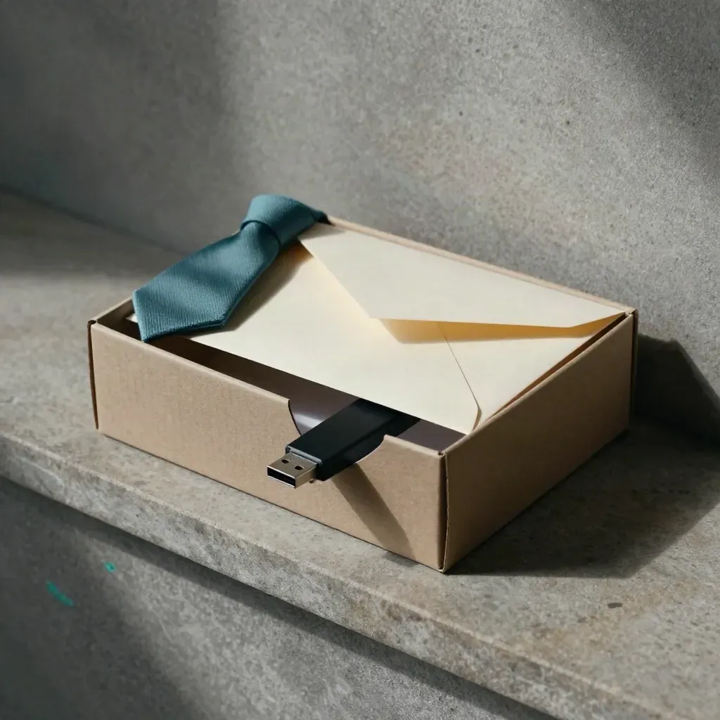 Caja de archivo, sobre sellado y USB negro sobre repisa de piedra con luz suave.