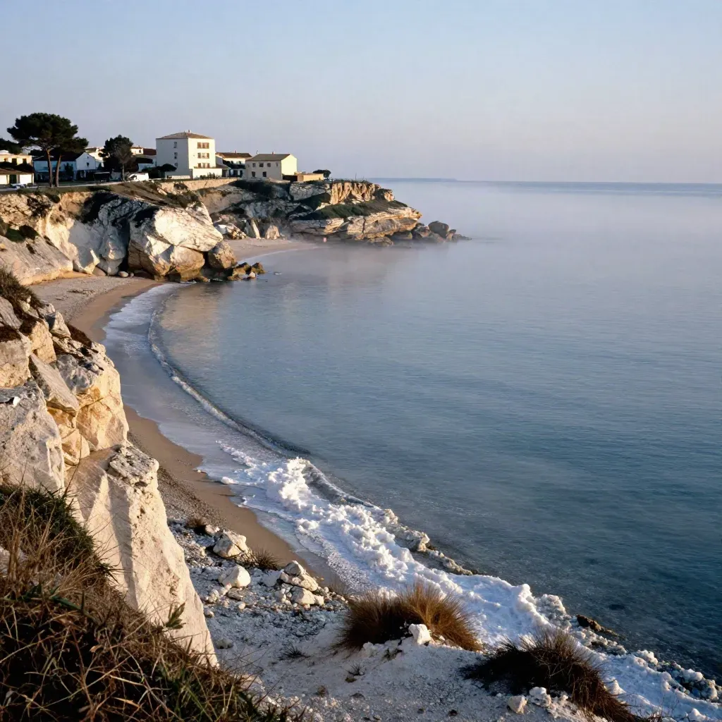 Acantilado costero de Cataluña al amanecer, mar en niebla y arquitectura litoral difusa.