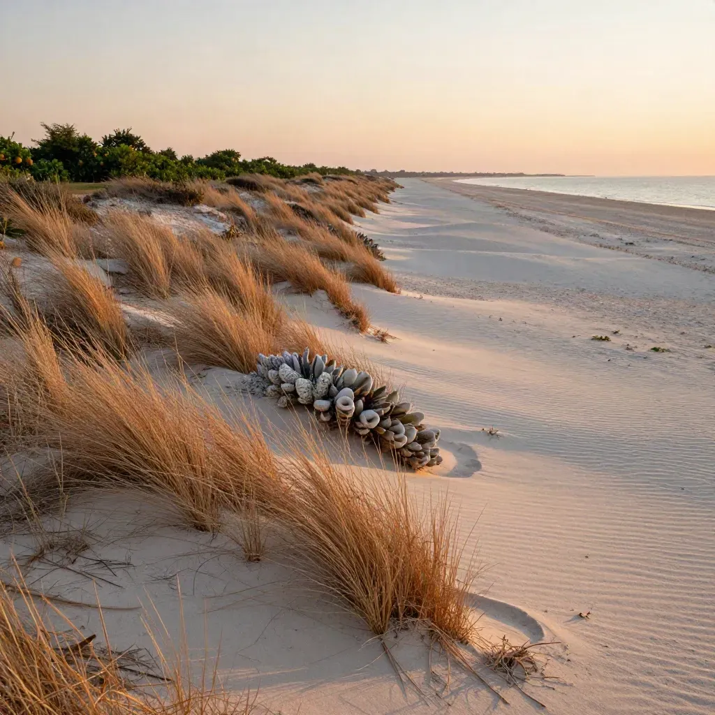 Dunas de la costa valenciana al atardecer, con arena clara, esparto y campos cítricos al fondo.