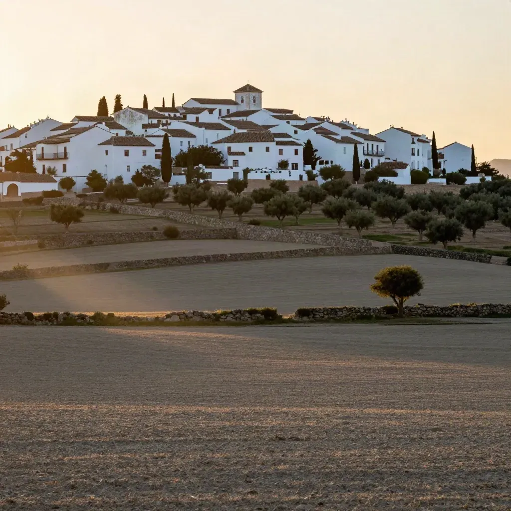 Pueblo blanco andaluz en ladera con olivares y luz cálida al atardecer.