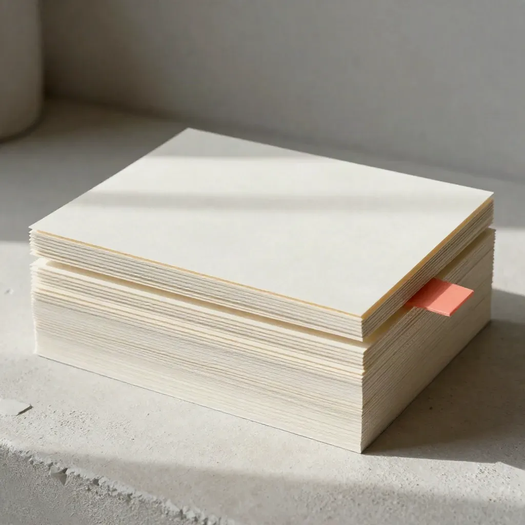 Maqueta editorial con paneles de espuma, tiras de papel y capas recortadas sobre fondo claro.