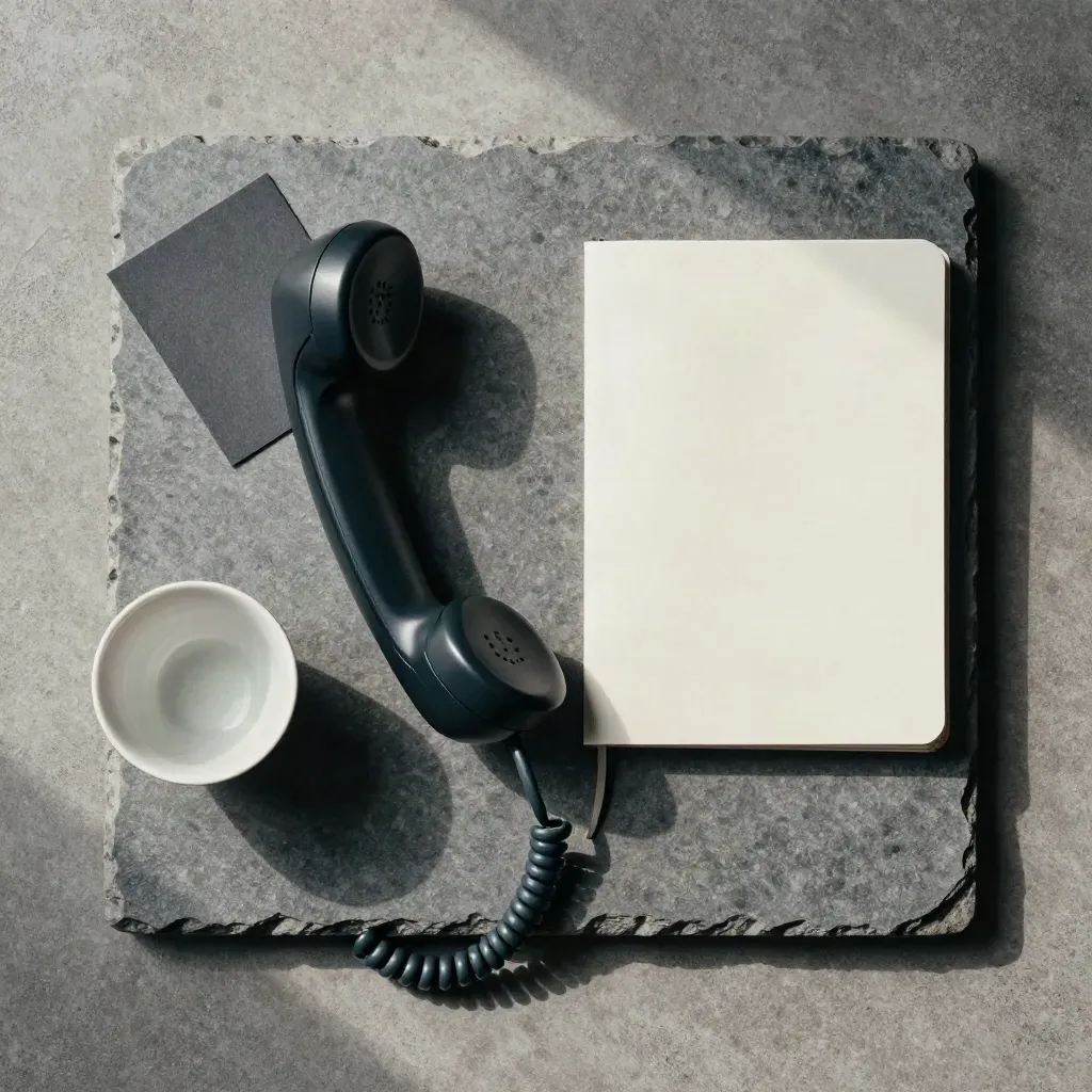 Teléfono fijo, cuaderno y taza sobre piedra, en una composición cenital limpia.